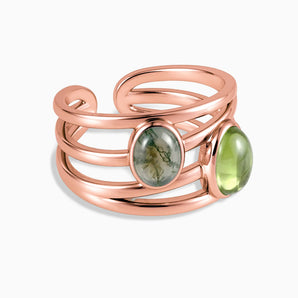 18KT Rose Gold Vermeil Oval Peridot & Moss Agate Ring - Echo of Balance Front View