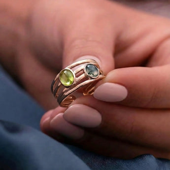 18KT Rose Gold Vermeil Oval Peridot & Moss Agate Ring - Echo of Balance Hand-Held View
