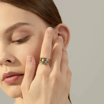 18KT Rose Gold Vermeil Oval Peridot & Moss Agate Ring - Echo of Balance Model Shot