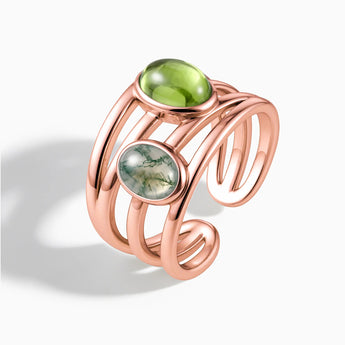 18KT Rose Gold Vermeil Oval Peridot & Moss Agate Ring - Echo of Balance Side View