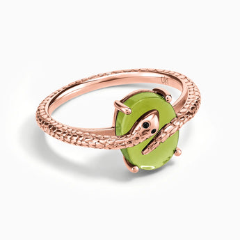 18KT Rose Gold Vermeil Oval Peridot Wrap Serpent Ring - Coiled Sanctum Front View