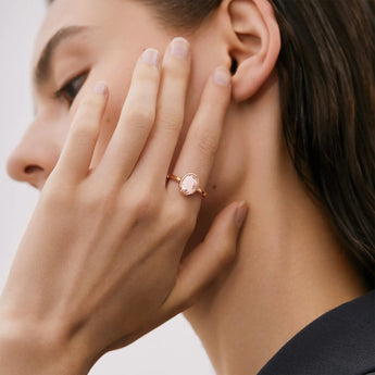 18KT Rose Gold Vermeil Oval Rose Quartz Bezel Ring - Harmony Model Shot