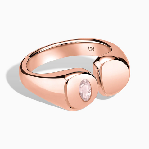18KT Rose Gold Vermeil Oval Rose Quartz Signet Ring - Close at Hand Front View