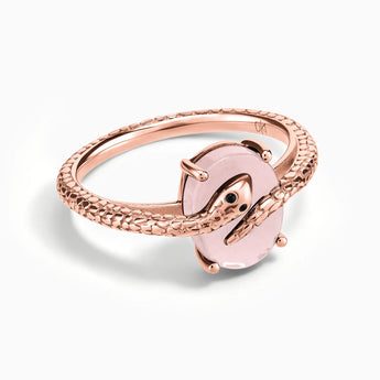 18KT Rose Gold Vermeil Oval Rose Quartz Wrap Serpent Ring - Coiled Sanctum Front View