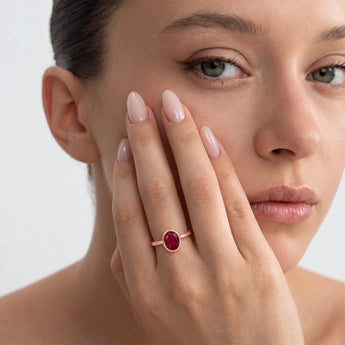 18KT Rose Gold Vermeil Oval Ruby Bezel Ring - Harmony Model Shot