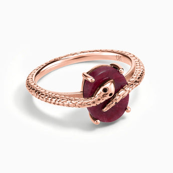 18KT Rose Gold Vermeil Oval Ruby Wrap Serpent Ring - Coiled Sanctum Front View