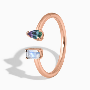 18KT Rose Gold Vermeil Pear Alexandrite Emerald Cut Moonstone Toi et Moi Open Ring - Two Souls Side View