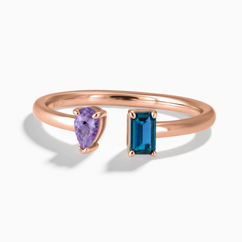 18KT Rose Gold Vermeil Pear Amethyst Emerald Cut London Blue Topaz Toi et Moi Open Ring - Two Souls Front View