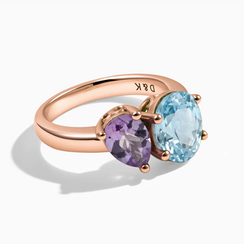18KT Rose Gold Vermeil Pear Amethyst & Oval Aquamarine Toi et Moi Ring - Twin Reverie Front View