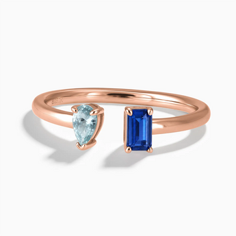 18KT Rose Gold Vermeil Pear Aquamarine Emerald Cut Blue Sapphire Toi et Moi Open Ring - Two Souls Front View