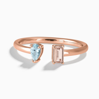 18KT Rose Gold Vermeil Pear Aquamarine Emerald Cut Morganite Toi et Moi Open Ring - Two Souls Front View