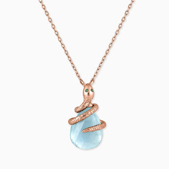 18KT Rose Gold Vermeil Pear Aquamarine Serpent Wrap Necklace Wild Oath Front View