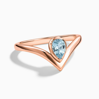 18KT Rose Gold Vermeil Pear Aquamarine V Band Ring - Chevron Front View