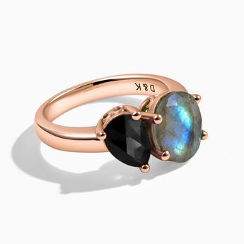 18KT Rose Gold Vermeil Pear Black Onyx & Oval Labradorite Toi et Moi Ring - Twin Reverie Front View