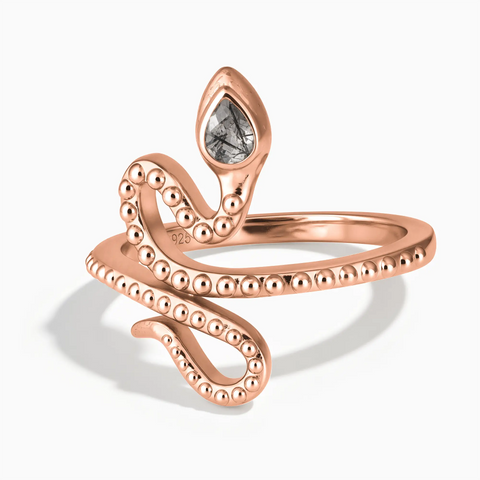18KT Rose Gold Vermeil Pear Black Rutilated Quartz Serpent Ring - Mystic Coil Front View
