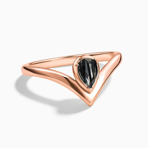 18KT Rose Gold Vermeil Pear Black Rutilated Quartz V Band Ring - Chevron Front View