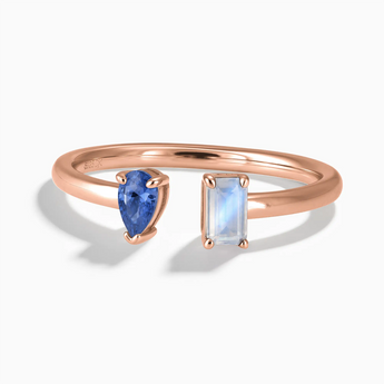 18KT Rose Gold Vermeil Pear Blue Sapphire Emerald Cut Moonstone Toi et Moi Open Ring - Two Souls Front View