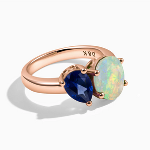 18KT Rose Gold Vermeil Pear Blue Sapphire & Oval Opal Toi et Moi Ring - Twin Reverie Front View