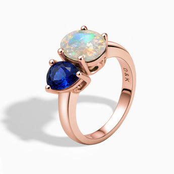 18KT Rose Gold Vermeil Pear Blue Sapphire & Oval Opal Toi et Moi Ring - Twin Reverie Side View