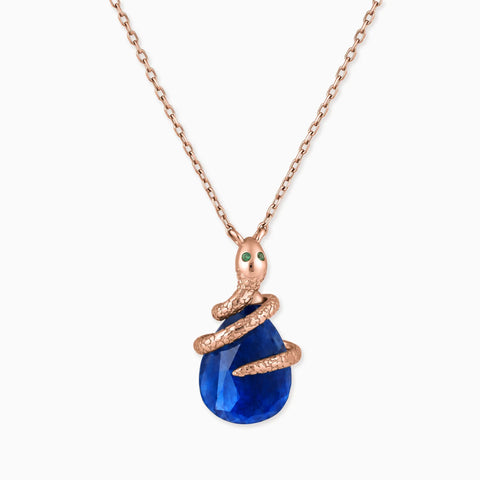18KT Rose Gold Vermeil Pear Blue Sapphire Serpent Wrap Necklace Wild Oath Front View