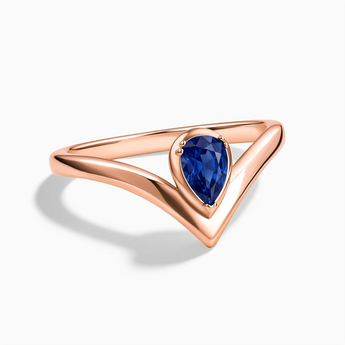 18KT Rose Gold Vermeil Pear Blue Sapphire V Band Ring - Chevron Front View