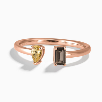 18KT Rose Gold Vermeil Pear Citrine Emerald Cut Smoky Quartz Toi et Moi Open Ring - Two Souls Front View