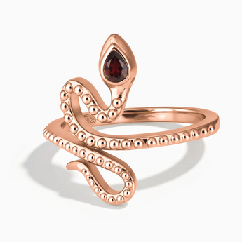 18KT Rose Gold Vermeil Pear Garnet Serpent Ring - Mystic Coil Front View