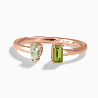 18KT Rose Gold Vermeil Pear Green Amethyst Emerald Cut Peridot Toi et Moi Open Ring - Two Souls Front View