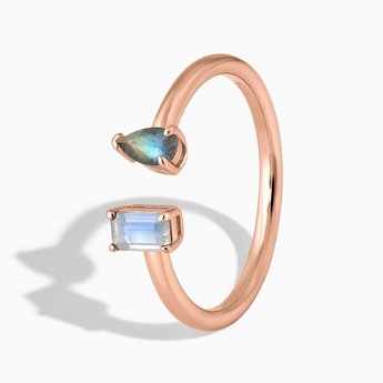 18KT Rose Gold Vermeil Pear Labradorite Emerald Cut Moonstone Toi et Moi Open Ring - Two Souls Side View