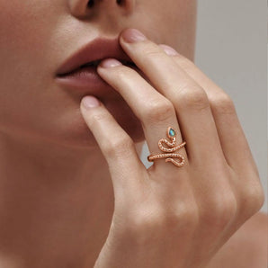 18KT Rose Gold Vermeil Pear Labradorite Serpent Ring - Mystic Coil Worn View