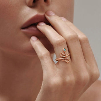 18KT Rose Gold Vermeil Pear Labradorite Serpent Ring - Mystic Coil Worn View