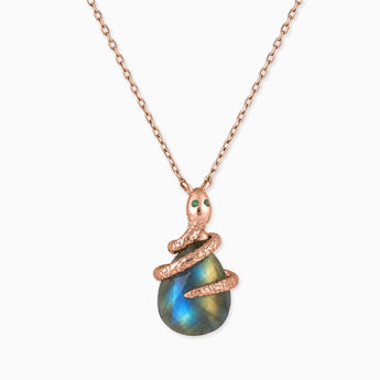 18KT Rose Gold Vermeil Pear Labradorite Serpent Wrap Necklace Wild Oath Front View
