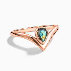 18KT Rose Gold Vermeil Pear Labradorite V Band Ring - Chevron Front View