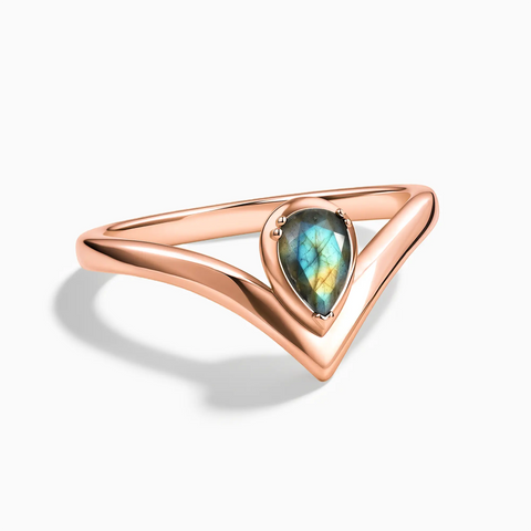18KT Rose Gold Vermeil Pear Labradorite V Band Ring - Chevron Front View