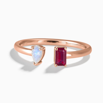 18KT Rose Gold Vermeil Pear Moonstone Emerald Cut Ruby Toi et Moi Open Ring - Two Souls Front View