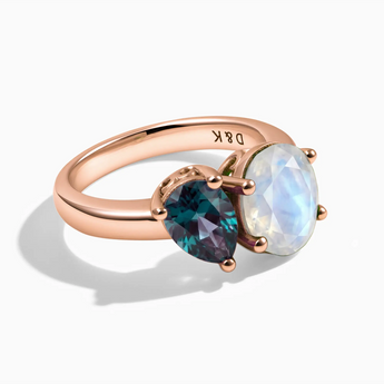 18KT Rose Gold Vermeil Pear Alexandrite & Oval Moonstone Toi et Moi Ring - Twin Reverie Front View
