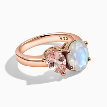 18KT Rose Gold Vermeil Pear Morganite & Oval Moonstone Toi et Moi Ring - Twin Reverie Front View