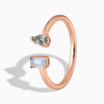 18KT Rose Gold Vermeil Pear Moss Agate Emerald Cut Moonstone Toi et Moi Open Ring - Two Souls Side View