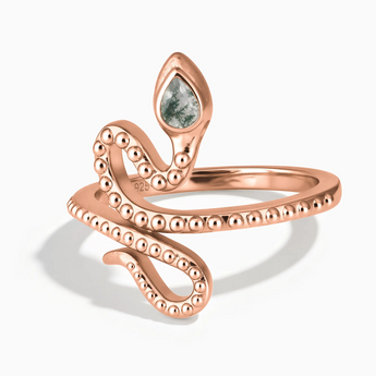 18KT Rose Gold Vermeil Pear Moss Agate Serpent Ring - Mystic Coil Front View
