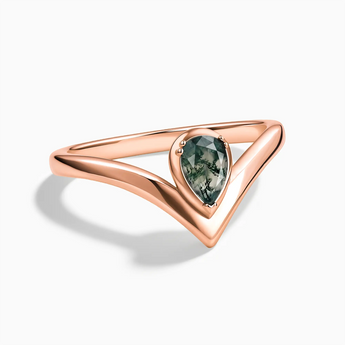 18KT Rose Gold Vermeil Pear Moss Agate V Band Ring - Chevron Front View