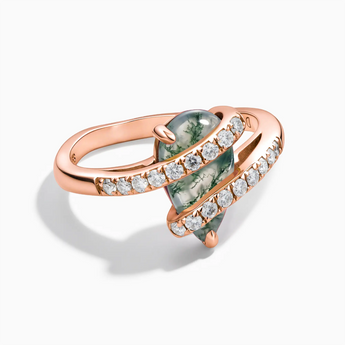 18KT Rose Gold Vermeil Pear Moss Agate Wrap Ring - Orbit Front View