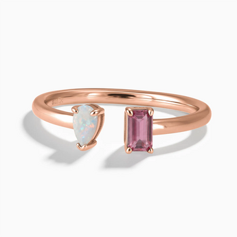 18KT Rose Gold Vermeil Pear Opal Emerald Cut Pink Tourmaline Toi et Moi Open Ring - Two Souls Front View