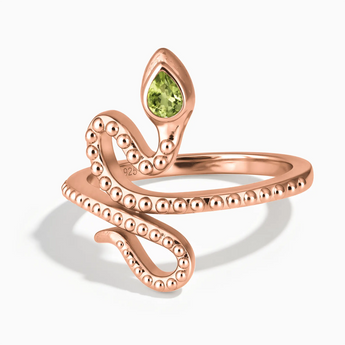 18KT Rose Gold Vermeil Pear Peridot Serpent Ring - Mystic Coil Front View