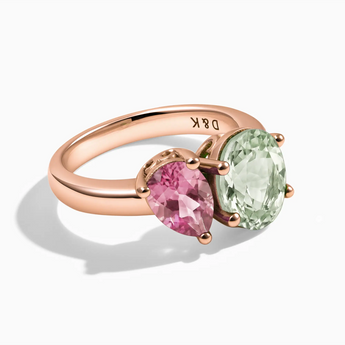 18KT Rose Gold Vermeil Pear Pink Tourmaline & Oval Green Amethyst Toi et Moi Ring - Twin Reverie Front View