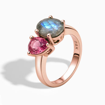 18KT Rose Gold Vermeil Pear Pink Tourmaline & Oval Labradorite Toi et Moi Ring - Twin Reverie Side View
