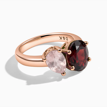18KT Rose Gold Vermeil Pear Rose Quartz & Oval Garnet Toi et Moi Ring - Twin Reverie Front View