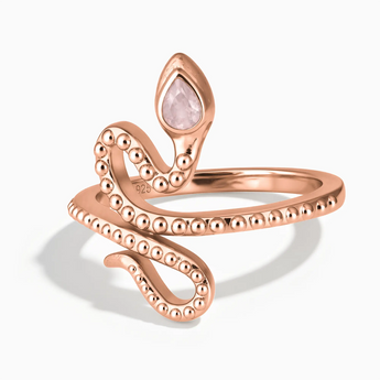 18KT Rose Gold Vermeil Pear Rose Quartz Serpent Ring - Mystic Coil Front View