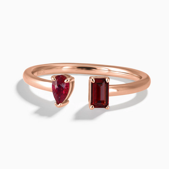 18KT Rose Gold Vermeil Pear Ruby Emerald Cut Garnet Toi et Moi Open Ring - Two Souls Front View