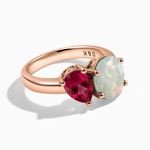 18KT Rose Gold Vermeil Pear Ruby & Oval Opal Toi et Moi Ring - Twin Reverie Front View