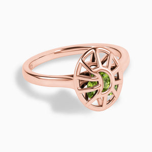18KT Rose Gold Vermeil Peridot Crescent Moon Hollow Oval Shaker Ring - Soul Cage Angled Front View